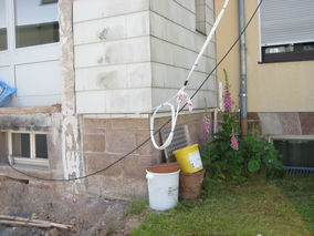 Ein Biotop inmitten der Baustelle - Königskerze blüht an der Hauswand
